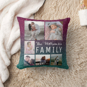 Purple Green Ombre Glitter Family Photo Collage Cushion