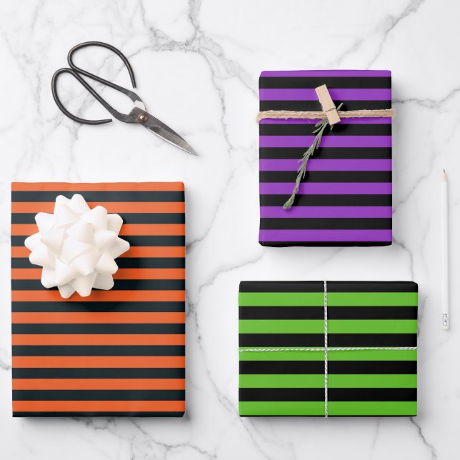 Purple Green Orange Black Stripes Halloween Wrapping Paper Sheet (Front)