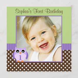 Purple Green Owl Polka Dot 1st Birthday Girl Photo Invitation