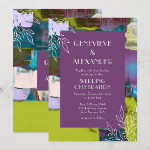 Purple Green Painted Abstract Floral Wedding Invitation
