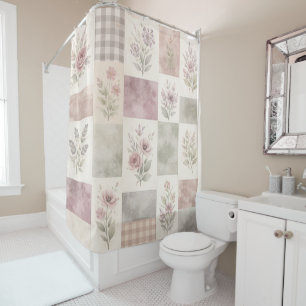 Purple Green Pastel Quilt Patchwork Floral Gingham Shower Curtain