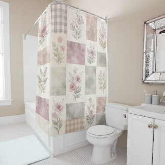 Purple Green Pastel Quilt Patchwork Floral Gingham Shower Curtain
