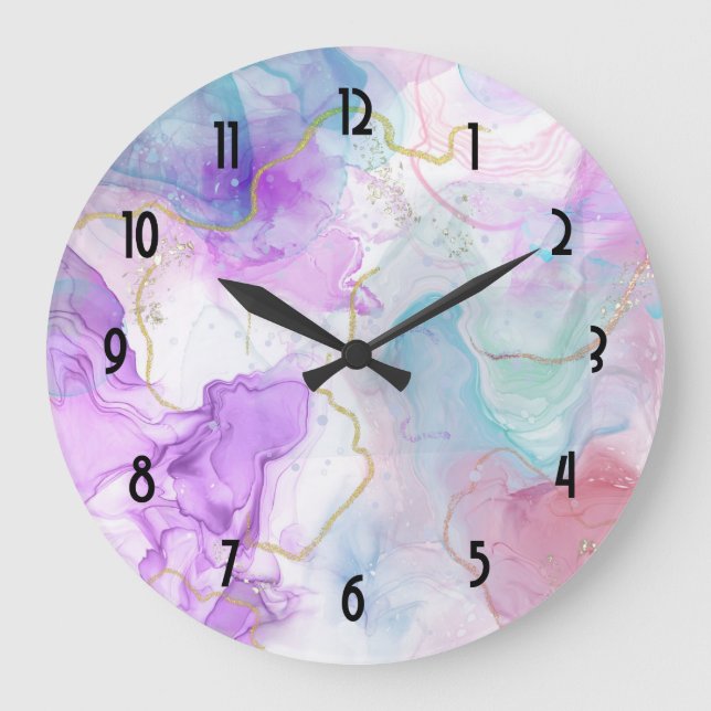 Purple, Green, Pink Flowing Colors Elegant Large Clock (Front)