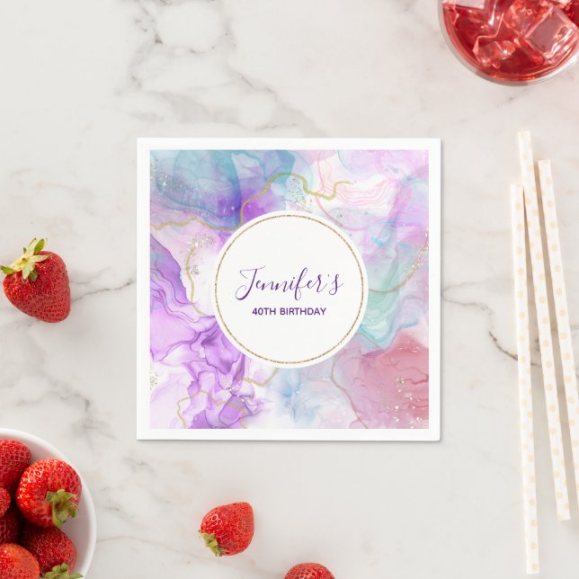  Purple, Green, Pink Flowing Colours Birthday Napkin (Insitu)