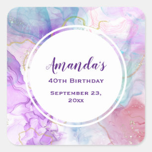 Purple, Green, Pink Flowing Colours Birthday Square Sticker