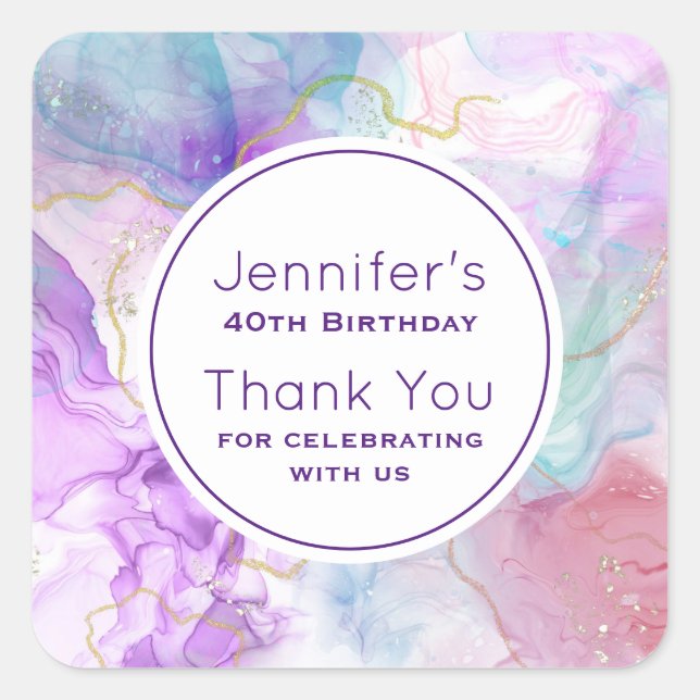 Purple, Green, Pink Flowing Colours Birthday Square Sticker (Front)