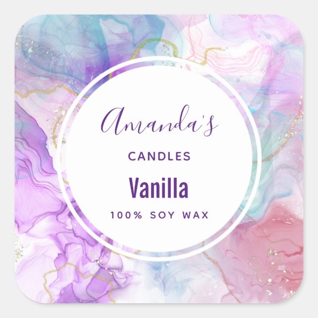 Purple, Green, Pink Flowing Colours Candle Biz Square Sticker (Front)