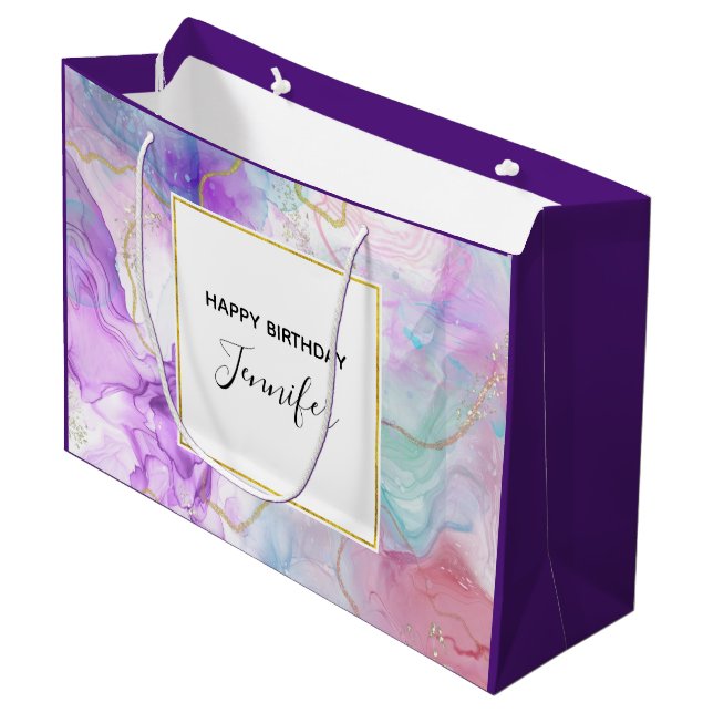 Purple, Green, Pink Flowing Colours Classy Birthda Large Gift Bag (Front Angled)