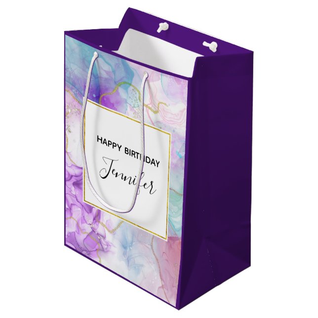Purple, Green, Pink Flowing Colours Classy Birthda Medium Gift Bag (Front Angled)