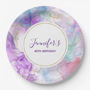 Purple, Green, Pink Flowing Colours Classy Birthda Paper Plate