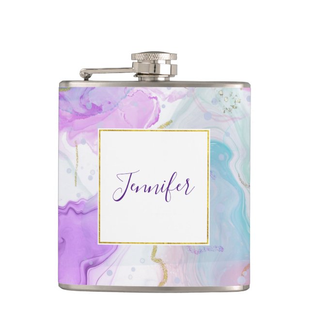 Purple, Green, Pink Flowing Colours Elegant Hip Flask (Front)
