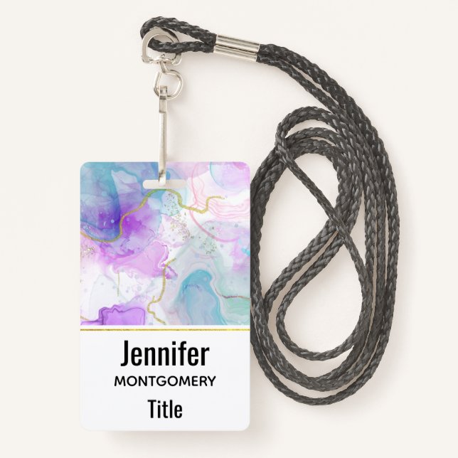 Purple, Green, Pink Flowing Colours Elegant ID Badge (Front with Lanyard)