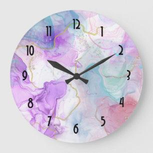 Purple, Green, Pink Flowing Colours Elegant Large Clock