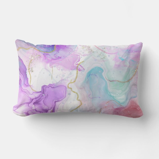  Purple, Green, Pink Flowing Colours Elegant Lumbar Cushion (Front)