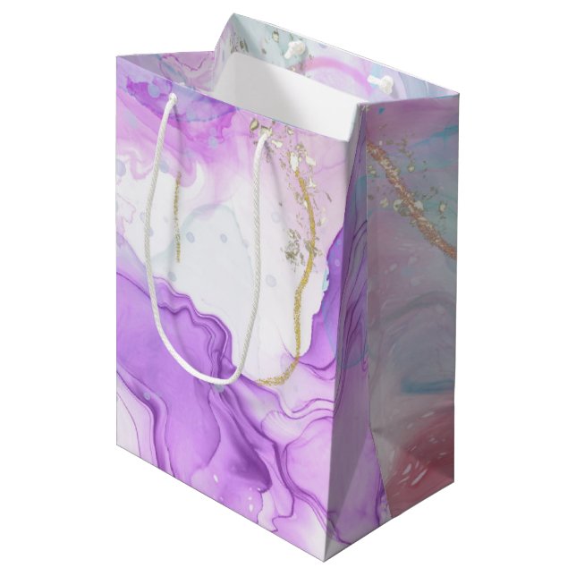 Purple, Green, Pink Flowing Colours Elegant Medium Gift Bag (Front Angled)