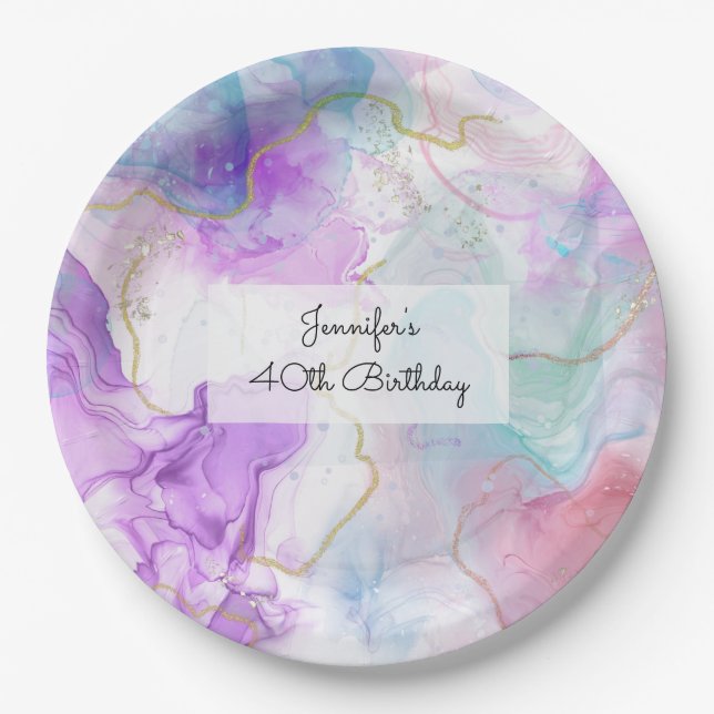 Purple, Green, Pink Flowing Colours Elegant Paper Plate (Front)