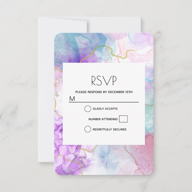 Purple, Green, Pink Flowing Colours Elegant RSVP Card (Front)
