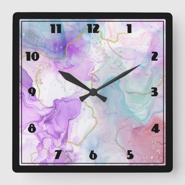 Purple, Green, Pink Flowing Colours Elegant Square Wall Clock (Front)