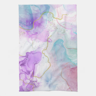 Purple, Green, Pink Flowing Colours Elegant Tea Towel