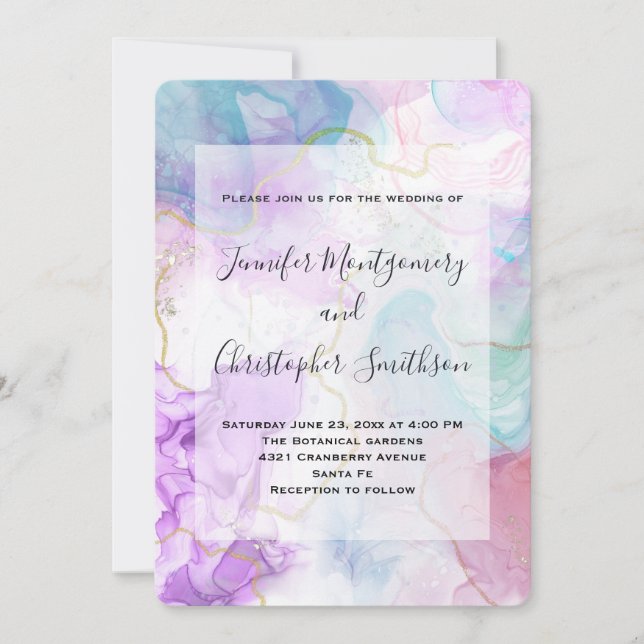 Purple, Green, Pink Flowing Colours Elegant Weddin Invitation (Front)