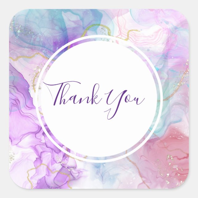 Purple, Green, Pink Flowing Colours Thank You Square Sticker (Front)