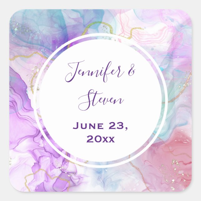 Purple, Green, Pink Flowing Colours Wedding Square Sticker (Front)