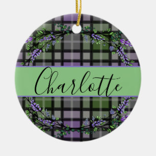 Purple green plaid lavender eucalyptus ceramic ornament