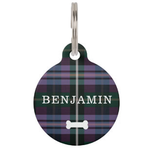 Purple & Green Plaid Pattern Dog Bone & Monogram Pet Tag