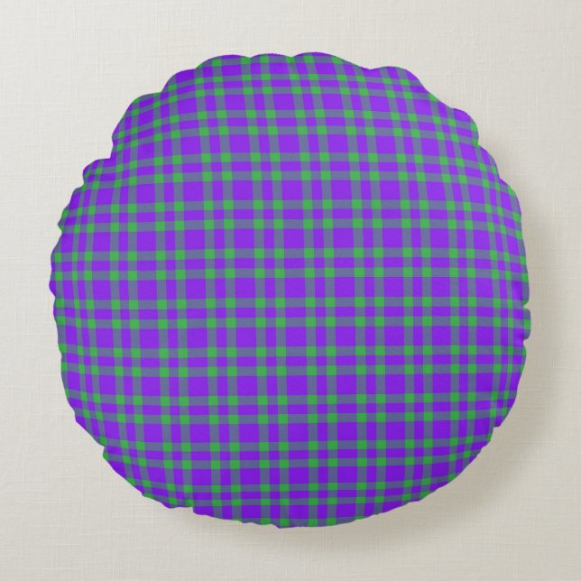 Purple Green Plaid Pattern Round Cushion (Front)