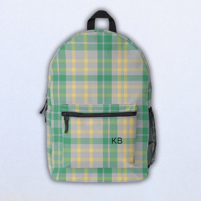 Purple Green Plaid Tartan Check Monogram Initials Printed Backpack (Creator Uploaded)