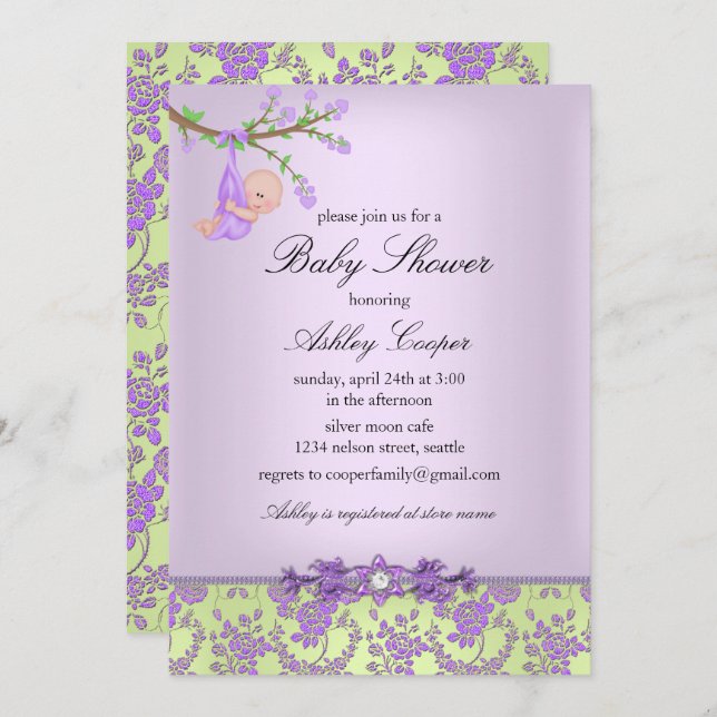 Purple & Green Rose Garden Baby Shower Invitation (Front/Back)