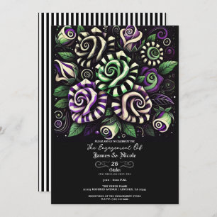 Purple Green Stripe Floral Halloween Engagement  Invitation