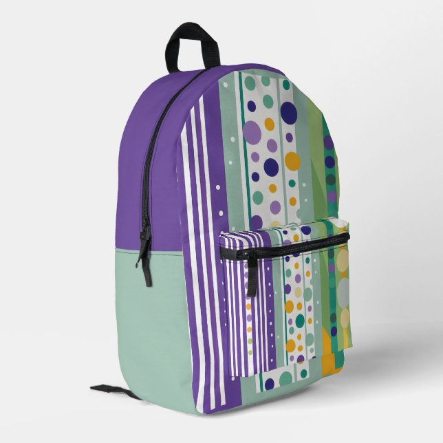 Purple Green Stripes Dots Printed Backpack (Back Corner Left)