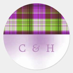 Purple Green Tartan Plaid Wedding Classic Round Sticker
