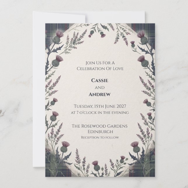 Purple Green Tartan Thistle Wedding Invitation (Front)