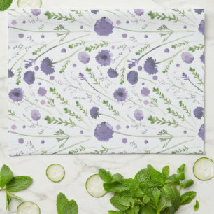 Purple Green Tossed Flower Pattern Tea Towel