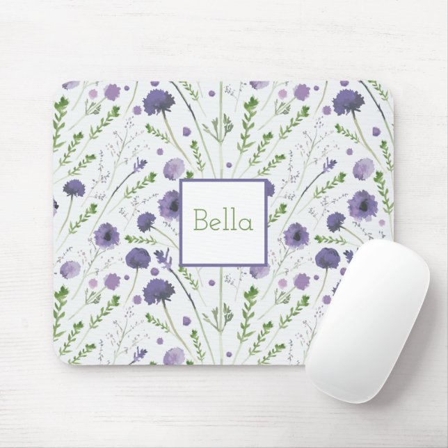 Purple Green Tossed Flower Personalised Mouse Pad (With Mouse)