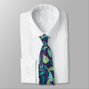Purple & Green Tropical Leafs Pattern Tie