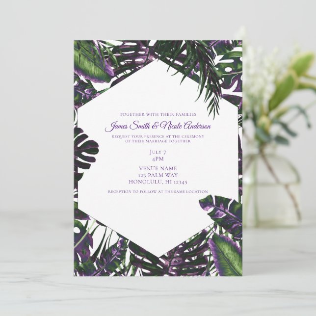 Purple & Green Tropical Palm Leaves Wedding Invitation (Standing Front)