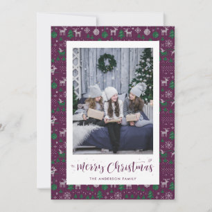 Purple Green Ugly Sweater Photo Christmas Cards