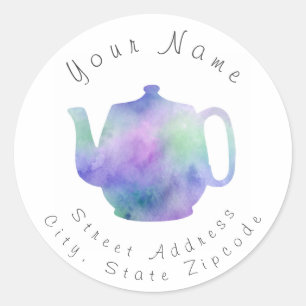 'Purple Green Watercolor Abstract Teapot' Label