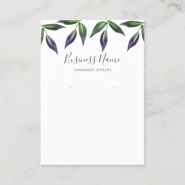 Purple Green Watercolor Leaf Earring Display Business Card (Front)