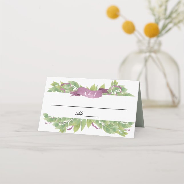 Purple & Green Watercolor Leaves - Place Card (Front)