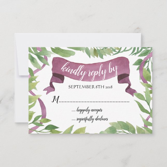 Purple & Green Watercolor Leaves - RSVP Card (Front)