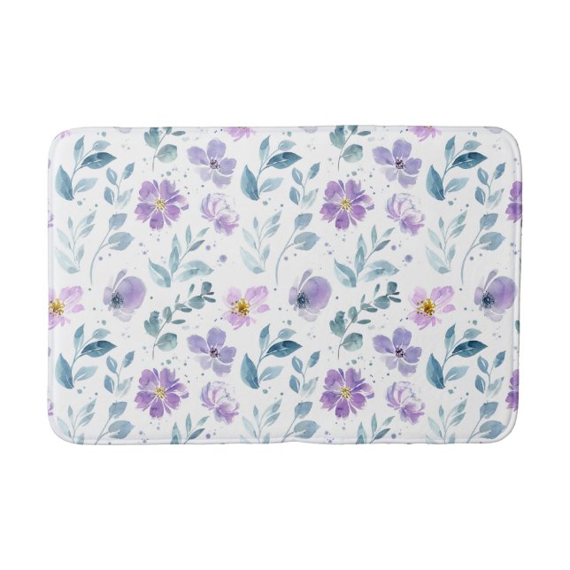 Purple Green Watercolor Wildflower Bath Mat (Front)