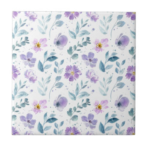 Purple Green Watercolor Wildflower Ceramic Tile
