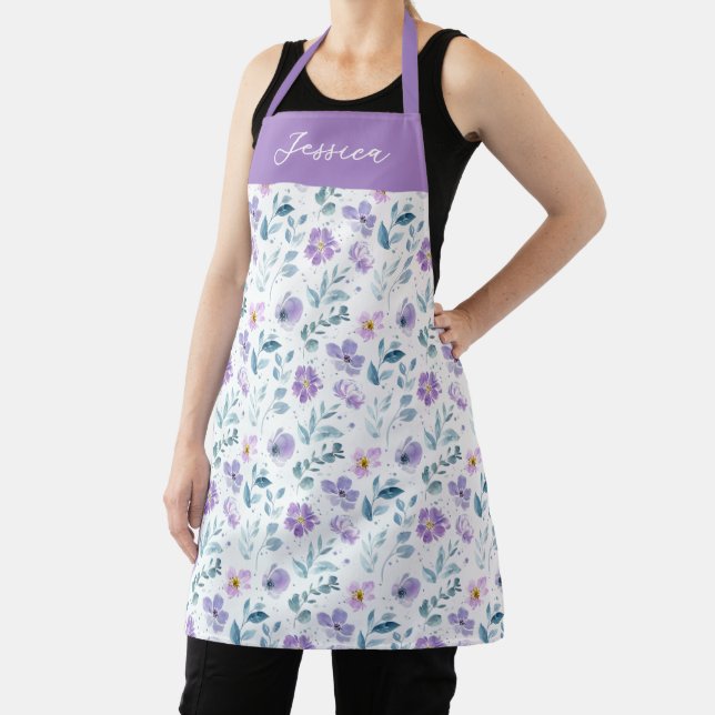 Purple Green Watercolor Wildflower Custom Name Apron (Insitu)