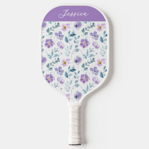 Purple Green Watercolor Wildflower Custom Name Pickleball Paddle