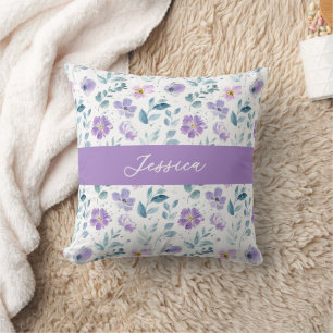 Purple Green Watercolor Wildflower Monogram Name Cushion