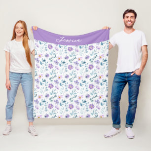 Purple Green Watercolor Wildflower Monogram Name Fleece Blanket